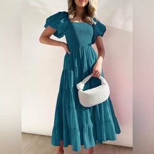 NWOT Square Neck Short Puff Sleeve Solid Color High Waist Casual Smocked Flowy